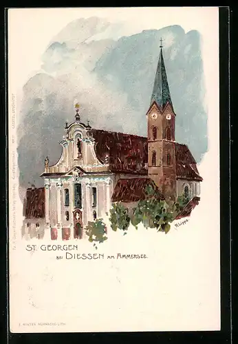 Lithographie Diessen am Ammersee, Kirche St. Georgen