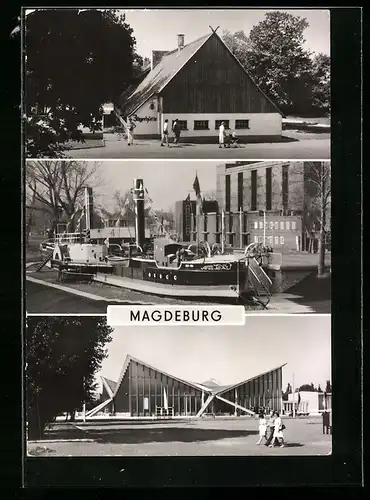 AK Magdeburg, Kulturpark, Jägerhütte, Schiffsmuseum im Aufbau, Ausstellungshallen