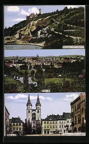 AK Hof i. B., Blick zum Labyrinth, Ortsansicht aus der Vogelschau, Michaeliskirche