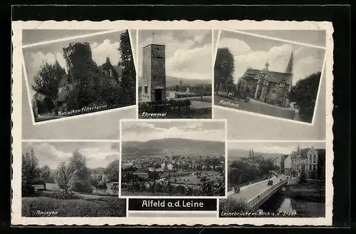 AK Alfeld a. d. Leine, Totalansicht, Anlagen, Leinebrücke mit Blick a. d. Stadt, Rathaus, Ehrenmal, am alten Fillerturm