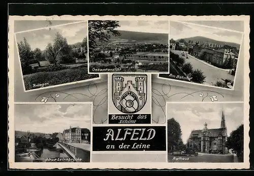 AK Alfeld a. d. Leine, Gesamtansicht, Anlagen, Neue Leinebrücke, Rathaus, am Bahnhof, Wappen