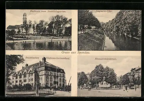 AK Spandau, Rathaus vom Stabholzgarten, Augusta-Ufer, Bismarckdenkmal, Städtisches Hallenschwimmbad