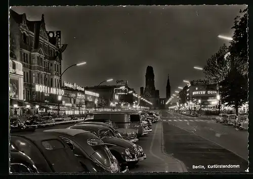 AK Berlin-Charlottenburg, auf dem Kurfürstendamm bei Nacht, Blick zur Gedächtniskirche