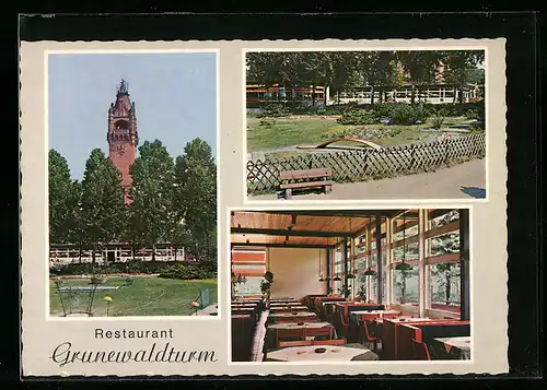 AK Berlin-Grunewald, das Restaurant Grunewaldturm, im Gastraum, der Minigolfplatz