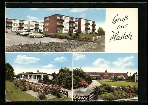 AK Hasloh, Plattenbau, Wohnbungalow, Parkanlagen