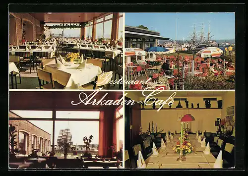 AK Kiel, Restaurant Arkaden Cafe an der Reventlou-Brücke, Gasträume, auf der Terrasse, Segelschiff