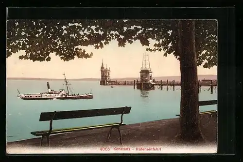 AK Konstanz, Hafeneinfahrt mit Dampfer