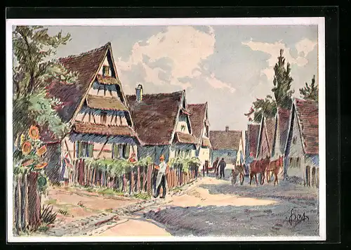 Künstler-AK Scheibenhardt im Bienwald, Pferdekutsche auf der Strasse durch den Ort