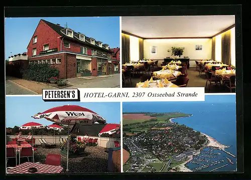 AK Ostseebad Strande, Generalansicht vom Flugzeug aus, Petersens Hotel Garni in der Dorfstrasse 9, auf der Dachterrasse