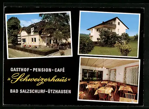 AK Bad Salzschlirf-Ützhausen, Gasthof Pension Cafe Schweizerhaus, die Terrasse, im Gastraum