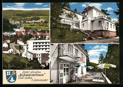 AK Bad Soden b. Salmünster, Generalansicht mit Blick zur Kirche, Hotel Pension Schweizerhaus, auf der Terrasse