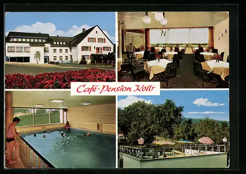 AK Breitscheid im Dillkreis, vor der Cafe Pension Kolb, im Schwimmbad, Gastraum und Terrasse
