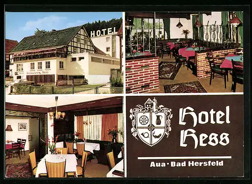 AK Aua b. Bad Hersfeld, Hotel Hess, Aussenansicht, im Gastraum