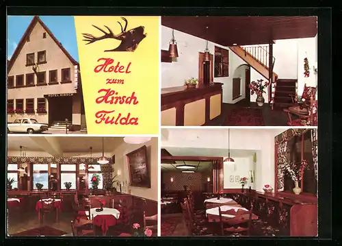 AK Fulda, Hotel Zum Hirsch, Foyer und Gaststube
