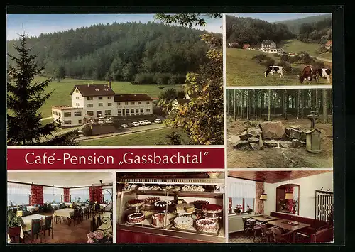 AK Gras-Ellenbach im Odenwald, Cafe Pension Gassbachtal, im Gastraum, Kuchenbuffett, Quelle, Kuhweide