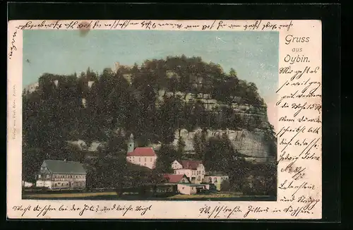 AK Oybin, Teilansicht mit Kirche und Berg
