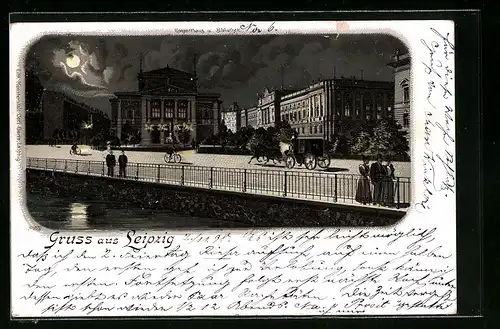 Lithographie Leipzig, Konzerthaus und Bibliothek