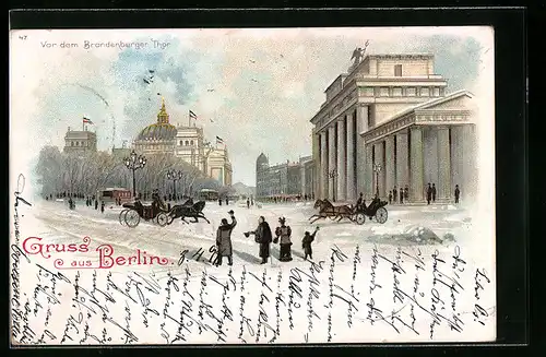 Winter-Lithographie Berlin, Brandenburger Thor im Winter