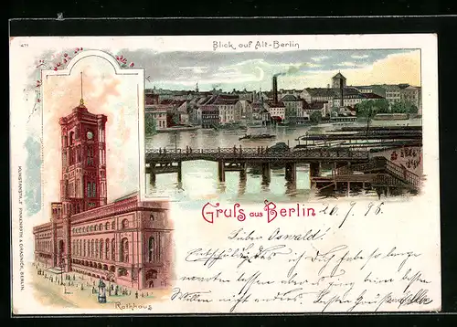 Lithographie Berlin, Rathaus, Blick auf Alt-Berlin