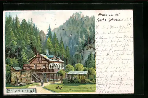 Lithographie Polenz, Partie mit Gasthaus im Polenzthal