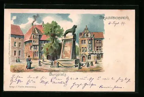Lithographie Braunschweig, Burgplatz mit Denkmal