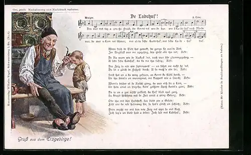 Künstler-AK Lied Dr Ladrhus, Grossvater mit Enkel-Gruss aus dem Erzgebirge