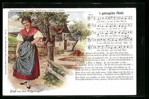 Künstler-AK Lied `s gebergische Mädl-Gruss aus dem Erzgebirge