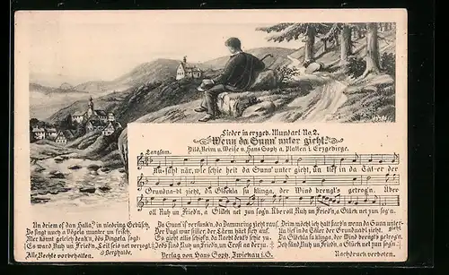 AK Lied in erzgebirgischer Mundart Wenn da Sunn unter gieht-Wanderer blickt auf den Ort