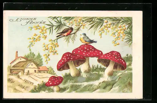 AK Bonne Annèe, Vögel und Fliegenpilze