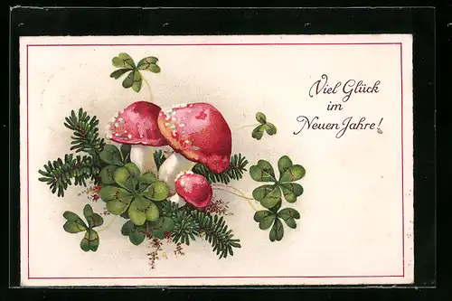 AK Viel Glück im Neuen Jahr, Fliegenpilze und Kleeblätter