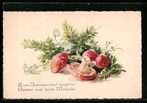 AK Beste Wünsche zum Jahreswechsel mit Pilzen und Tannenzweig