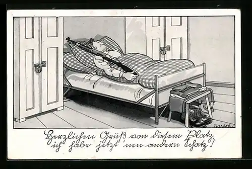 Künstler-AK Ferdinand Barlog: Soldat im Bett mit seinem neuen Schatz, dem Gewehr