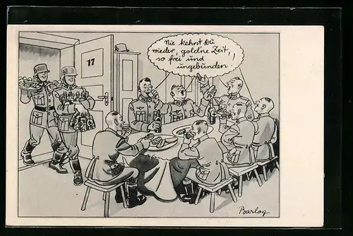 Künstler-AK Ferdinand Barlog: Soldaten beim Schlemmermahl
