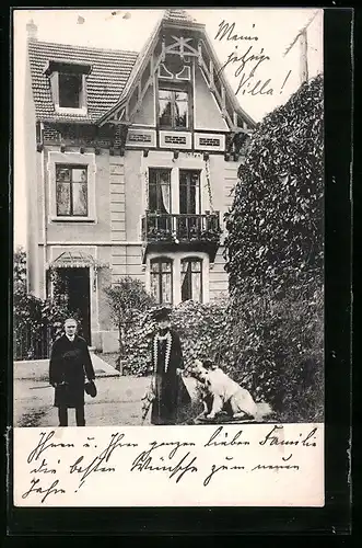 AK Mülhausen i. E., Paar mit Hunden vor ihrer Villa