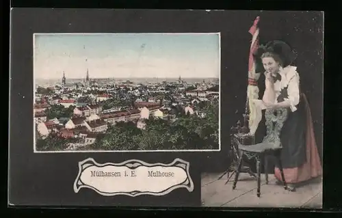 AK Mülhausen-Mulhouse i. E., Totalansicht und Frau in Tracht
