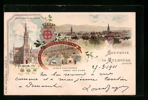 Lithographie Mulhouse (Alsace), Vue gènèrale, Jardin Zoologique fosse aux ours, Eglise Catholique