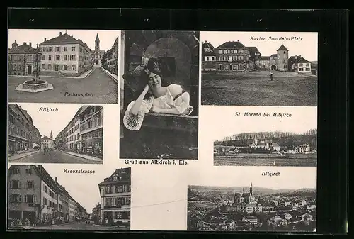 AK Altkirch i. Els., Rathausplatz, Kreuzstrasse, Xavier-Jourdain-Platz, St. Morand, Frau in Tracht
