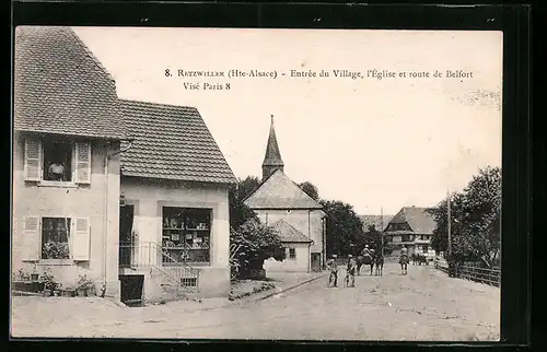 AK Retzwiller, Entrèe du Village, l`Èglise et route de Belfort