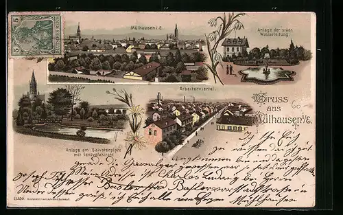 Lithographie Mülhausen i. E., Totalansicht, Anlage der städt. Wasserleitung, Arbeiterviertel, Anlage am Salvatorplatz