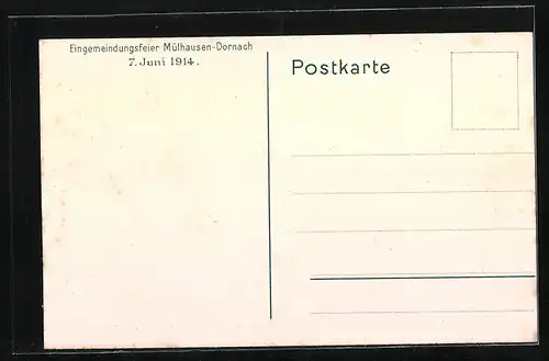 Künstler-AK Mülhausen, Eingemeindungsfeier Mülhausen-Dornach am 7. Juni 1914, Legende der Gründung v. Mülhausen