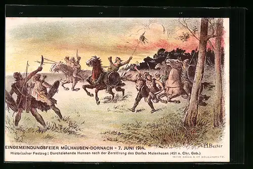 Künstler-AK Mülhausen, Eingemeindungsfeier Mülhausen-Dornach am 7. Juni 1914, Durchziehende Hunnen