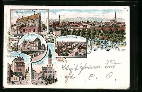 Lithographie Mülhausen i. E., Totalansicht, Rathaus, Neue Post, Arbeiterviertel, Teufelsturm, St. Stephanskirche