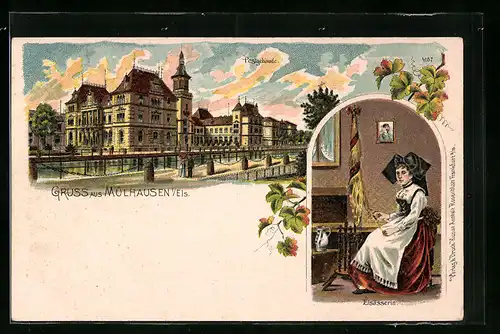 Lithographie Mülhausen i. E., Postgebäude und Elsässerin