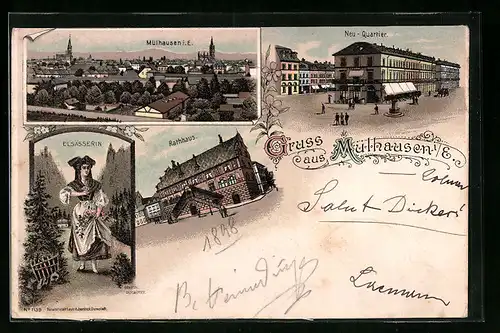 Lithographie Mülhausen i. E., Totalansicht, Neu-Quartier, Rathaus, Elsässerin