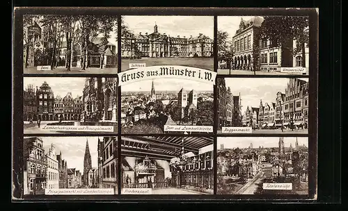 AK Münster i. W., Dom, Schloss, Universität, Lambertusbrunnen u. Prinzipalmarkt, Roggenmarkt, Totalansicht, Friedenssaal