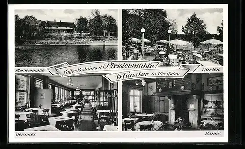 AK Münster in Westfalen, Kaffee-Restaurant Pleistermühle in vier Ansichten