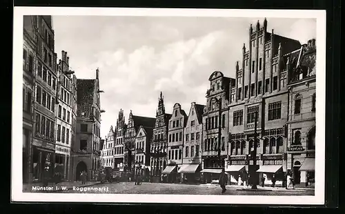 AK Münster i. W., Roggenmarkt mit Geschäften