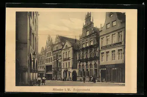 AK Münster i. W., Roggenmarkt mit Geschäften