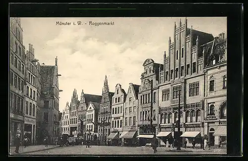 AK Münster i. W., Roggenmarkt mit Geschäften