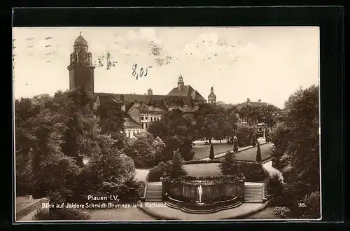 AK Plauen i. V., Blick auf Isidore Schmidt-Brunnen und Rathaus